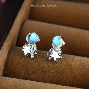 Blue Moonstone Astronaut Earrings, Space Astronaut Helmet Stud Earrings in Sterling Silver, Space Earrings and Matching necklace