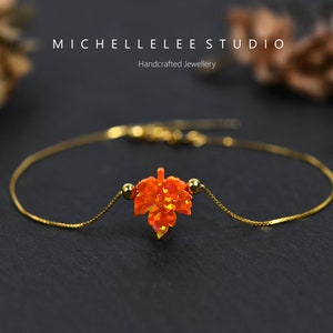 Ahornblatt Opal Armband, Feueropal Blatt Armband, Orange Opal Armband mit Sterling Silber Kette, Opal Schmuck