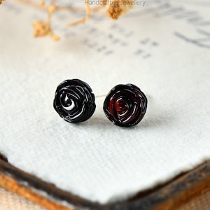 Hand Carved Flower Stud Earrings in Sterling Silver, Blood Amber Rose Flower Earrings, Black Gemstone Earrings