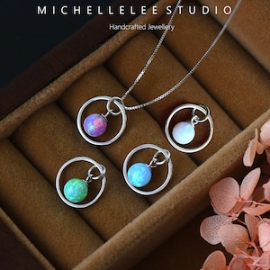 Simple Fire Opal Necklace, Opal Ball Pendant Necklace, Birthstone, Gift for Her