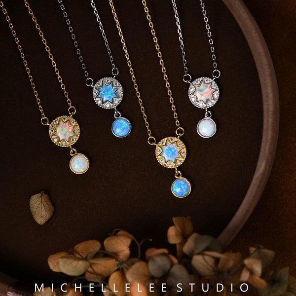 Opal Star and Crystals Pendant Necklace, Sparkling Starburst Necklace, Fire Opal Necklace