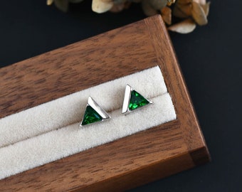 Emerald Green Triangle Stud Earrings, Green CZ Crystal Triangle Earring Studs, Sterling Silver Earrings, Minimalist Geometric