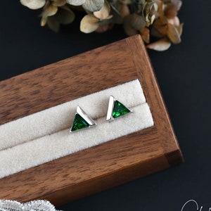 Emerald Green Triangle Stud Earrings, Green CZ Crystal Triangle Earring Studs, Sterling Silver Earrings, Minimalist Geometric