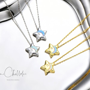 Opal Moon and Star Pendant Necklace, Sterling Silver Crescent Moon and Star Necklace, Celestial, Space