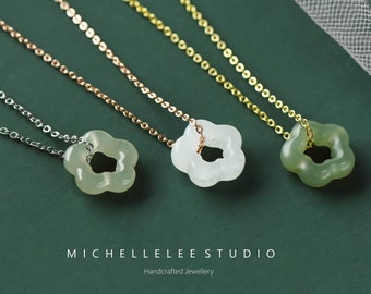 Natural Green Jade Flower Pendant Necklace, Sterling Silver Choker with Natural Jade Ball, Gift for her, Adjustable Chain