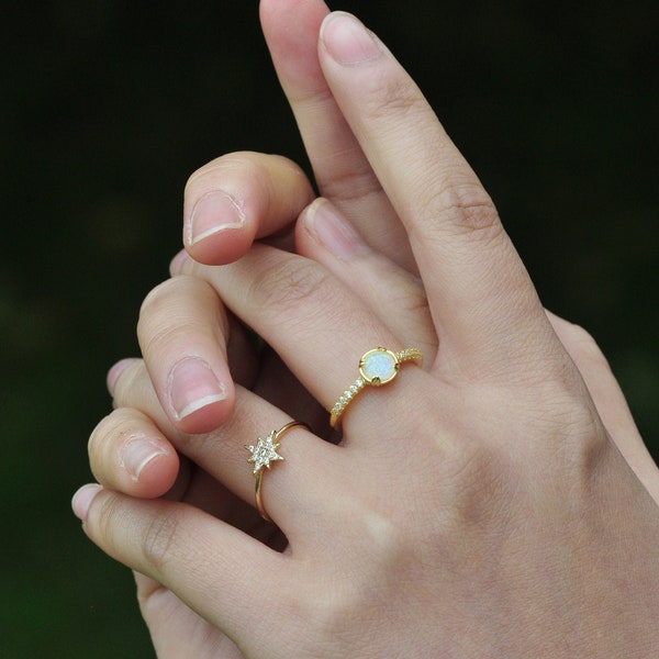 White Fire Opal Ring, Round Opal Ring, Gold Plated Fire Opal Bead Ring, Minimalist