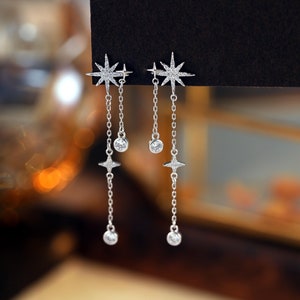 Dainty Starburst Drop Earrings in Sterling Silver, Dangling Star Earrings with CZ Crystals, Gift for Her