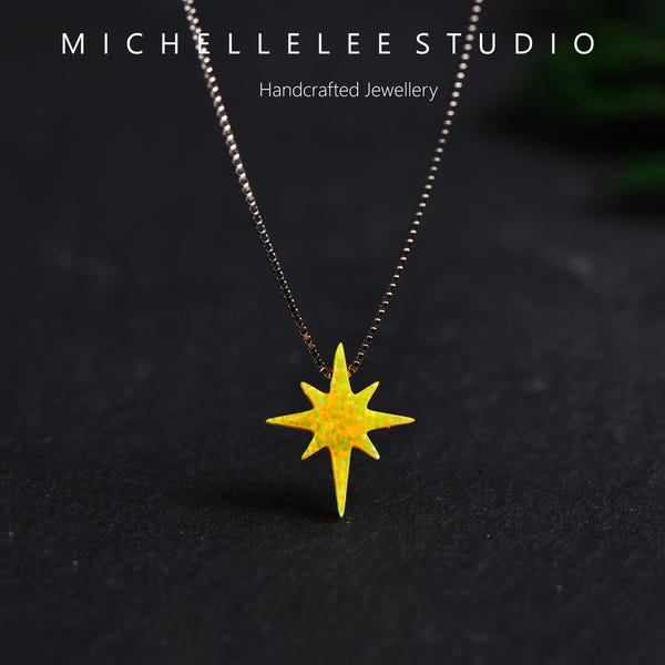 Yellow Starburst Opal Necklace: Sterling Silver Chain, Fire Opal Jewelry