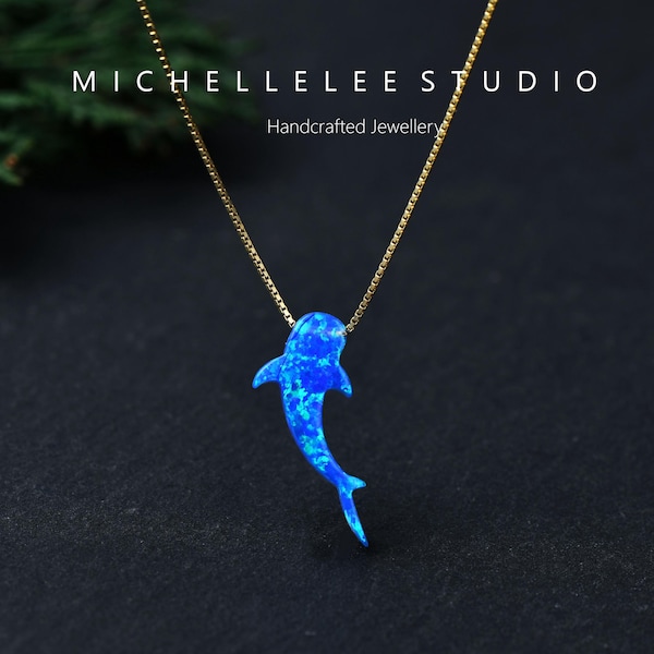 Blue Opal Whale Shark Necklace, Sterling Silver Chain