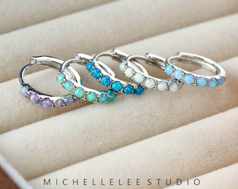 Fire Opal Huggie Hoop Earrings, White Opal and Blue Opal Sterling Silver Earrings, Simple Hoop Earrings