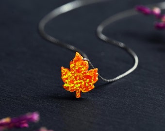 Maple Leaf Fire Opal Pendant, Sterling Silver Necklace