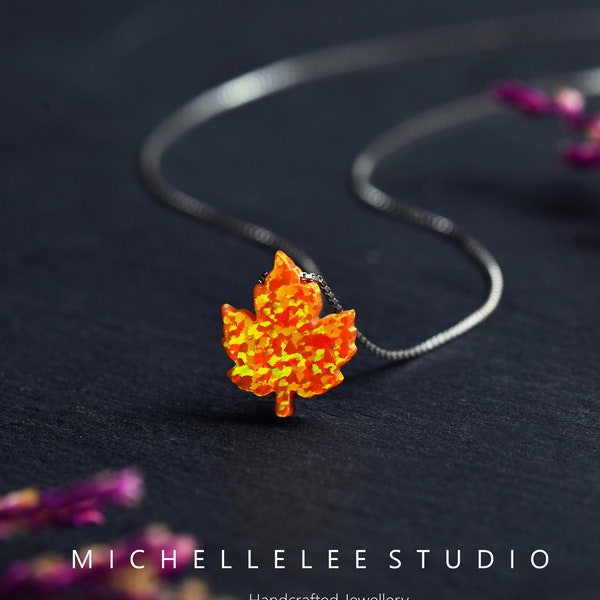 Maple Leaf Fire Opal Pendant, Sterling Silver Necklace