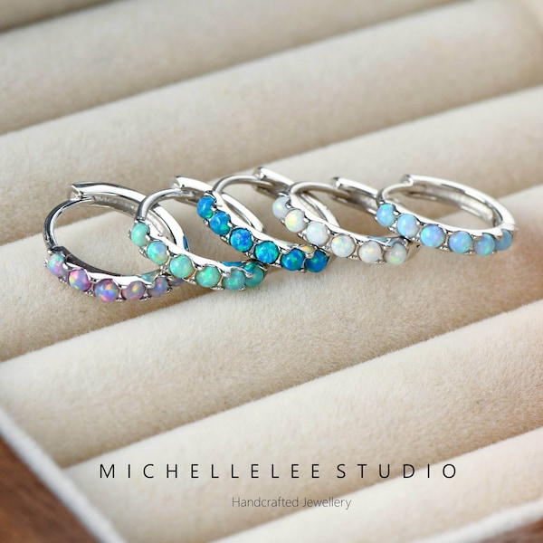 Fire Opal Huggie Hoop Earrings, White Opal and Blue Opal Sterling Silver Earrings, Simple Hoop Earrings