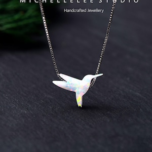 Hummingbird Opal Necklace, Fire Opal Bird Necklace, White Opal Necklace with Sterling Silver Chain, Opal Jewelry