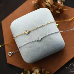 Super Tiny Crystal Moon Bracelet, Sterling Silver Crescent Moon Charm Bracelet, Gift for Her