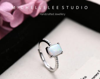 Square Synthetic Opal Sterling Silver Ring With Crystals, Adjustable
