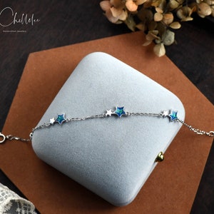 Sterling Silver Dainty Star Bracelet, Glitter Enamel Star Bracelet, Starry Blue Star, Gift for Her