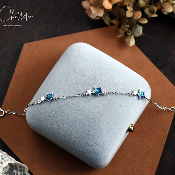 Sterling Silver Dainty Star Bracelet, Glitter Enamel Star Bracelet, Starry Blue Star, Gift for Her