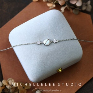 Opal Planet and Star Bracelet in Sterling Silver, Saturn Bracelet, White and Blue Opal Bracelet