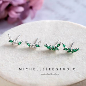 Sterling Silver White and Green Crystal Cluster Earrings, Bridal Stud Earrings, Baguette CZ Trio, Stacking Earrings