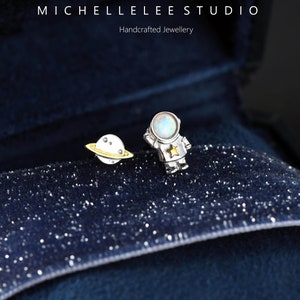 Space Astronaut and Planet Stud Earrings in Sterling Silver, Mismatched Astronaut Earrings and Saturn Planet, Galaxy