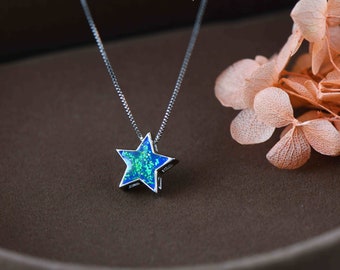Sterling Silver Dainty Star Pendant Necklace, Glitter Enamel Star Necklace, Starry Blue Star, Minimalist