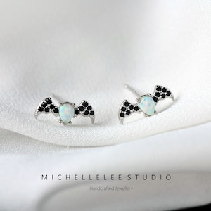 White Opal Bat Stud Earrings, Fire Opal Earrings, Black Crystal Bat Earrings, Halloween Earrings, October Birthstone