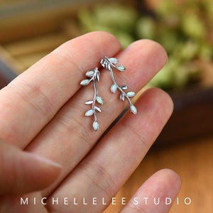 Large Olive Leaf Drop Earrings, White Opal Tree Leaves Sterling Silver Earrings, Fire Opal Earrings