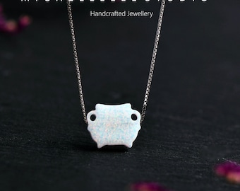Halloween Cauldron Opal Necklace, Fire Opal Wizard Pot Necklace, White and Black Opal Necklace with Sterling Silver Chain, Opal Jewelry