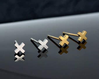 Cross Stud Earrings, Cross xx Kiss Stud Earrings,Cross, Swiss Cross, Gold and Silver Stainless Steel Earrings