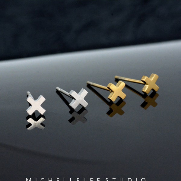 Cross Stud Earrings, Cross xx Kiss Stud Earrings,Cross, Swiss Cross, Gold and Silver Stainless Steel Earrings