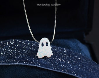 Halloween Ghost Opal Necklace, Fire Opal Specter Necklace, White and Black Opal  Necklace with Sterling Silver Chain,  Opal Jewelry