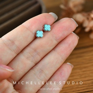 Dainty Turquoise Clover Stud Earrings, Natural Turquoise Sterling Silver Earrings, Four Leaf Clover， December Birthstone