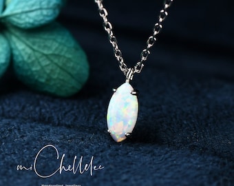 White Opal Pendant Necklace, Sterling Silver Marquise Oval Shaped Opal Necklace, Minimalist Fire Opal Necklace