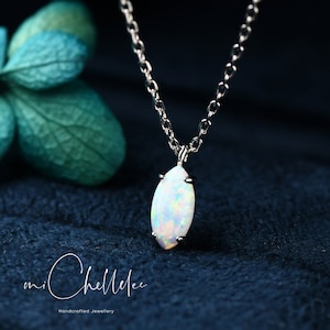 White Opal Pendant Necklace, Sterling Silver Marquise Oval Shaped Opal Necklace, Minimalist Fire Opal Necklace