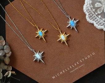 Fire Opal Starburst Necklace in Sterling Silver, White and Blue Opal Star Pendant Necklace, Crystal Star Necklace, Birthstone