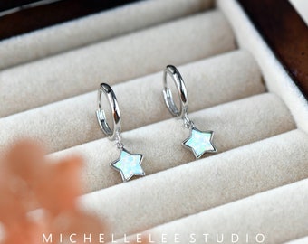 Dangling Opal Star Huggie Hoop Earrings in Sterling Silver, White Opal Hoops Earrings, Birthstone
