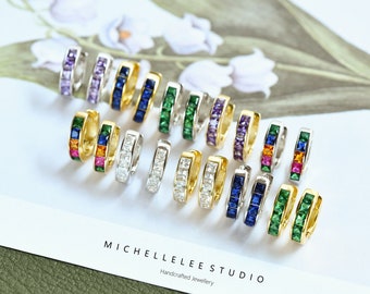 Minimalist Simple Crystal Huggie Hoop Earrings in Sterling Silver, Rainbow Multi Color Crystal Hoops, Simple Geometric Jewellery