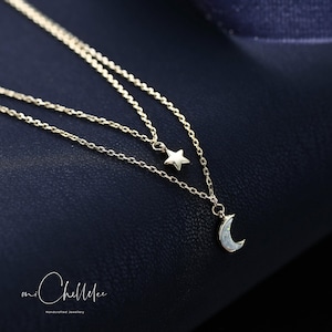White Opal Moon and Star Two layer Necklace in Sterling Silver, Tiny Crescent Moon and Star Necklace, Celestial, Space