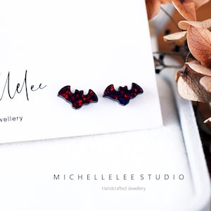 Halloween Black Bat Opal Stud Earrings, Fire Opal Earrings, Black Opal Earrings, Halloween Earrings, October Birthstone