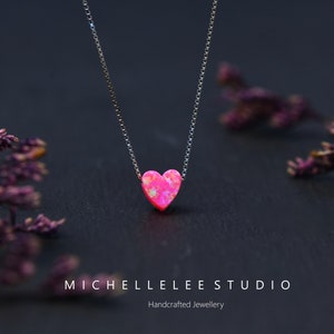 Dainty Pink Heart Opal Necklace, Fire Opal Necklace, Love Heart Necklace with Sterling Silver Chain, Gift for Her