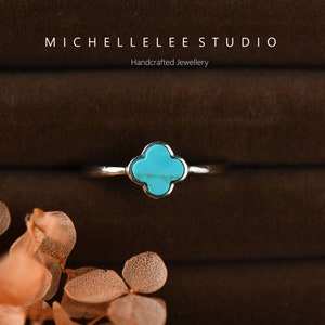 Dainty Turquoise Clover Sterling Silver Ring, Natural Turquoise Adjustable Ring, Four Leaf Clover， December Birthstone