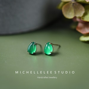 Green Onyx Teardrop Stud Earrings, Simulated Emerald Chrysoprase Earrings in Sterling Silver, Gemstone