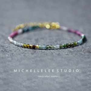 Natural Tourmaline Crystal Bead Bracelet, 2mm Rainbow Color Diamond Cut Gemstone Bead Bracelet, Gift for her
