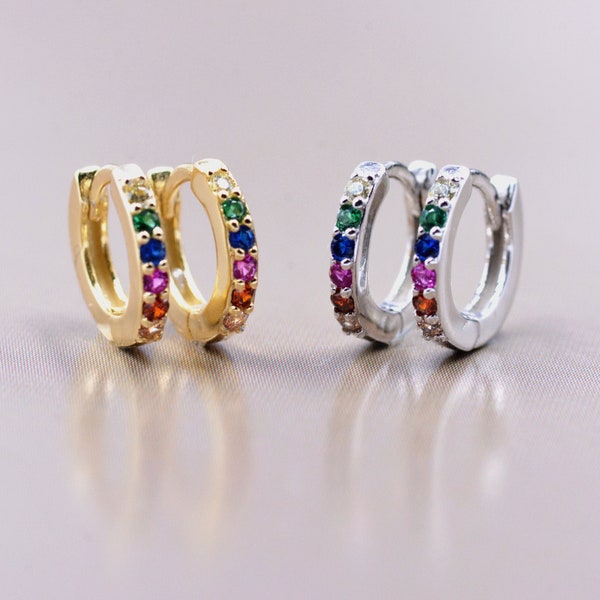 Small Sterling Silver Rainbow Huggie Hoop Earrings, CZ Pave Rainbow Colour Hoops