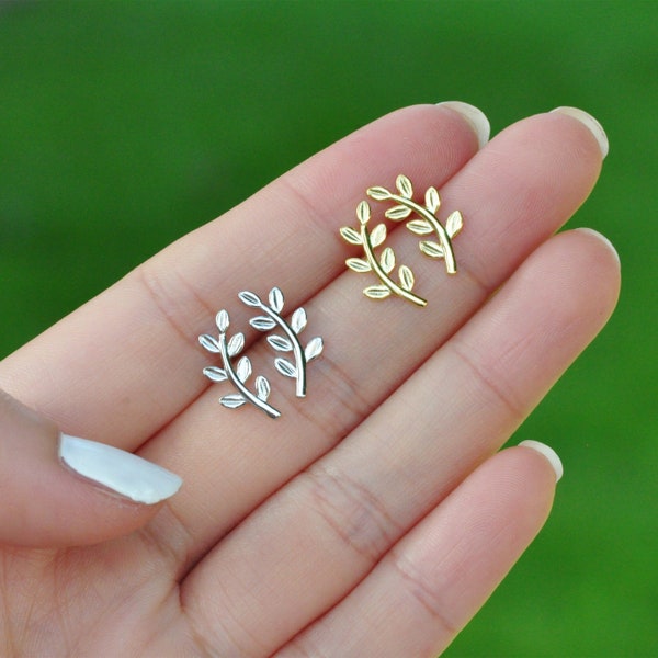 Sterling zilveren Olive Leaf Stud Oorbellen, gouden en zilveren boomtak Stud Oorbellen, Leaf Stud Oorbellen, Olive Branch