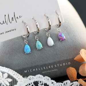 Dangling Opal Teardrop Hugie Hoop Earrings, Multi Color Opal Droplet Sterling Silver Earrings, Birthstone