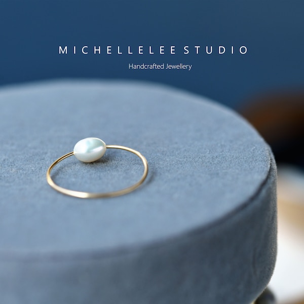 Natural White Pearl Ring, 14K Gold Filled Pearl Bead Ring, Shiny Water Pearl, Water Resistant