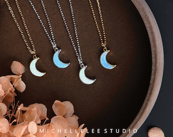 White Opal Moon Pendant Necklace in Sterling Silver, Tiny Crescent Moon Necklace with Matching Earrings, Celestial, Space