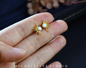 Large Opal Sun Stud Earrings, White Opal Starburst Sterling Silver Earrings, Crystal Star Earrings, Birthstone